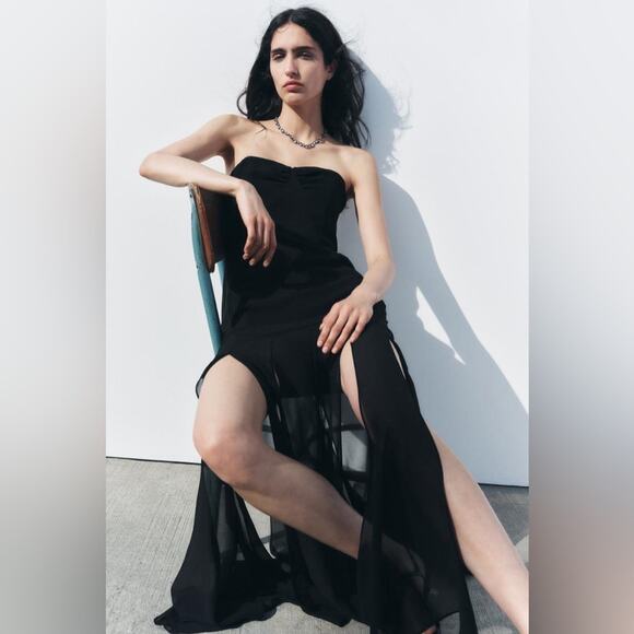 Zara Black SEMI SHEER STRAPLESS DRESS Size Medium - Picture 5 of 15